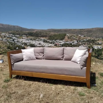 Custom sofa in front of Lefkes Village in Paros